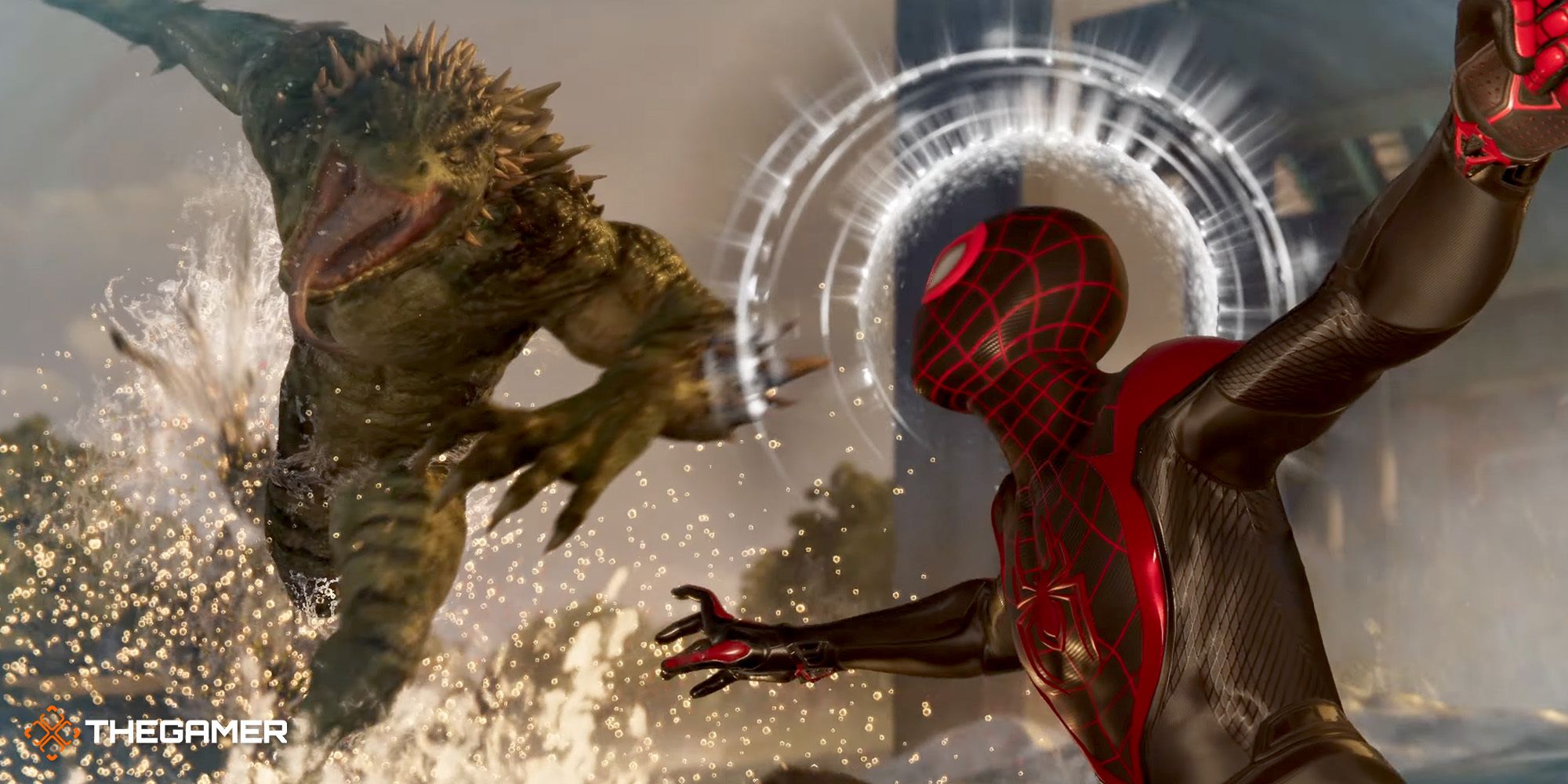 Miles Morales as Spider-Man facing off against the Lizard