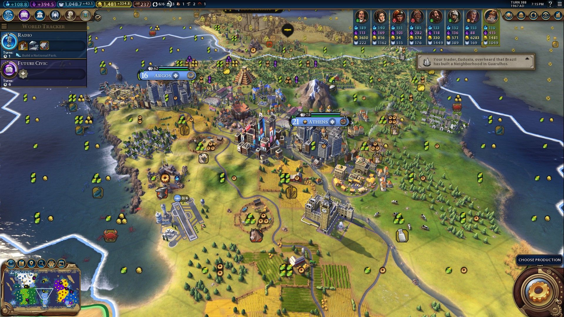 Athens and Argos in the late game of the Age of Abundance scenario in Civilization 6