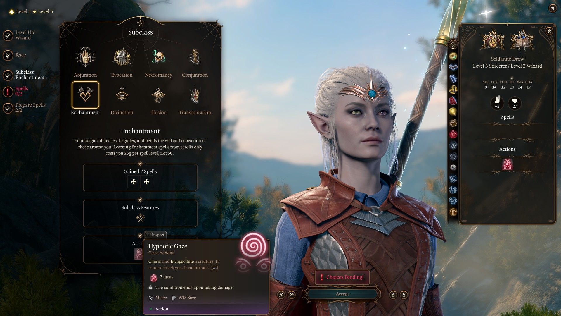 Drow Sorcerer considers classing into Enchantment Wizard in Baldur's Gate 3