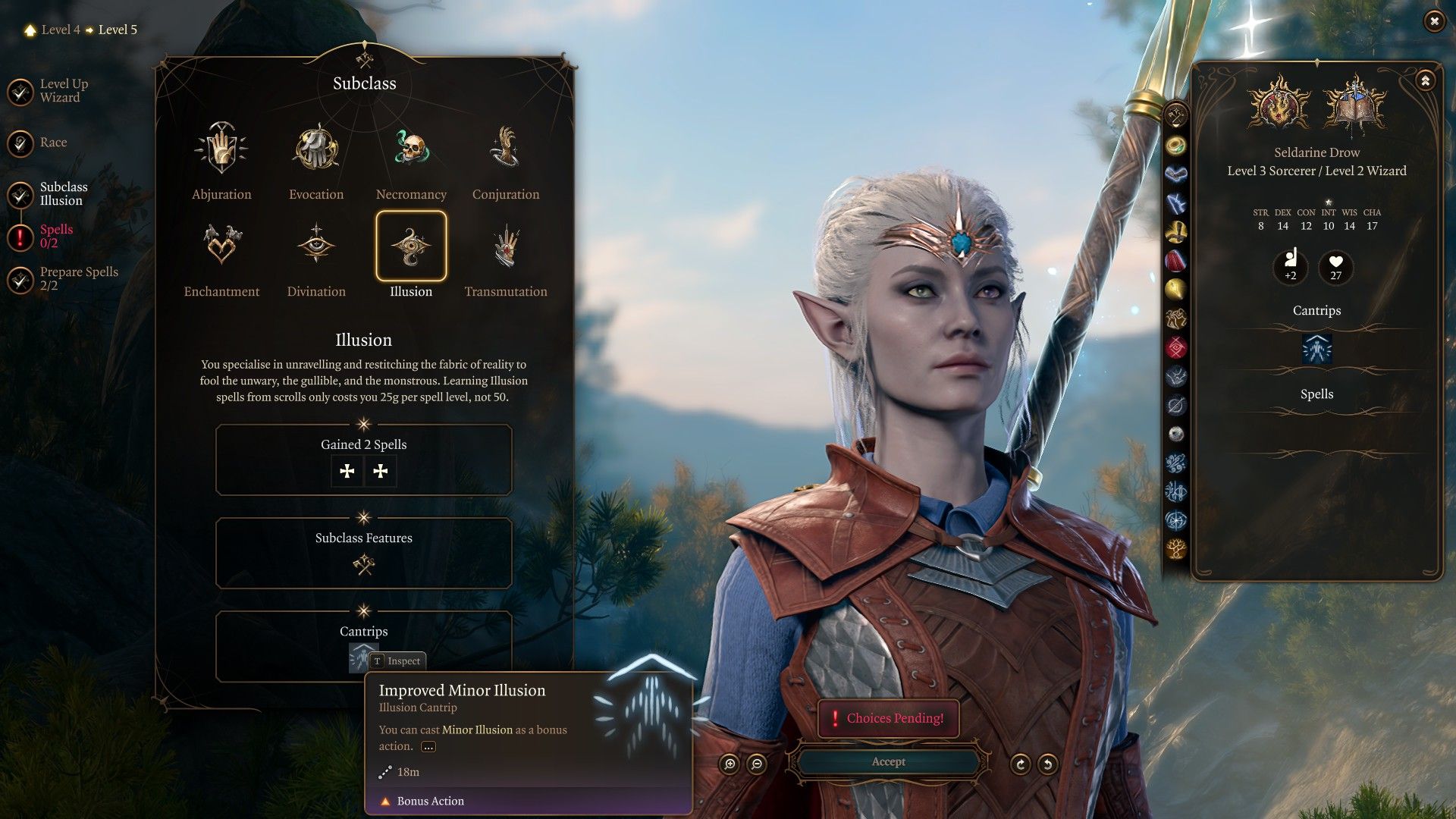 Drow Sorcerer considers classing into Illusion Wizard in Baldur's Gate 3