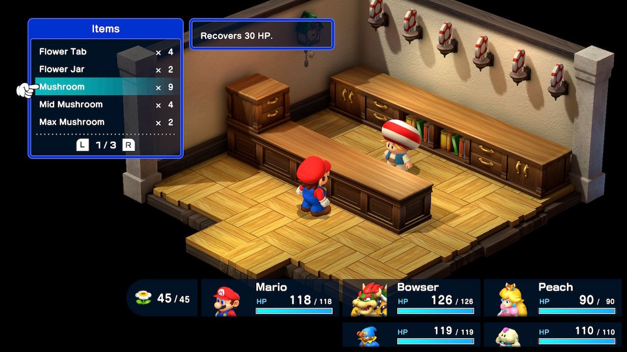 Mario visiting the Mushroom Boy Shop to give away his excess Mushrooms in Super Mario RPG.
