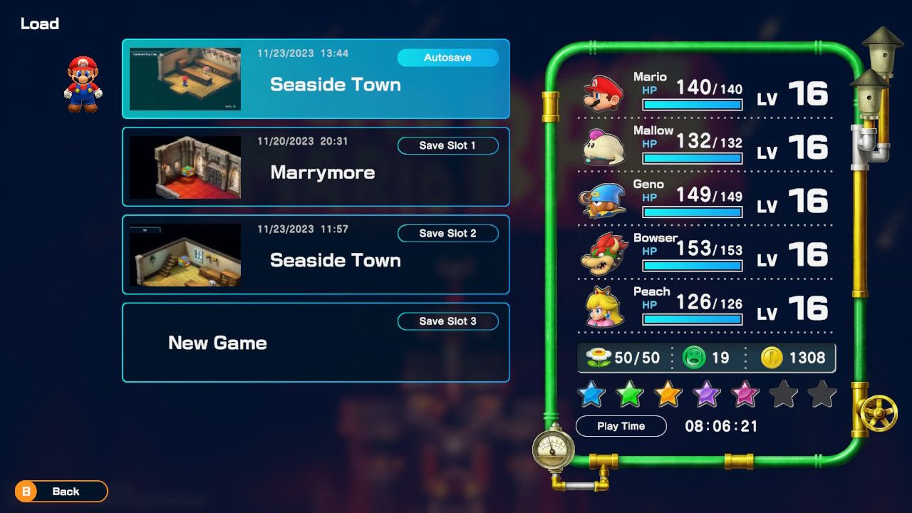 The save menu, with the Quick Save file highlighted to visit Seaside Town in Super Mario RPG.