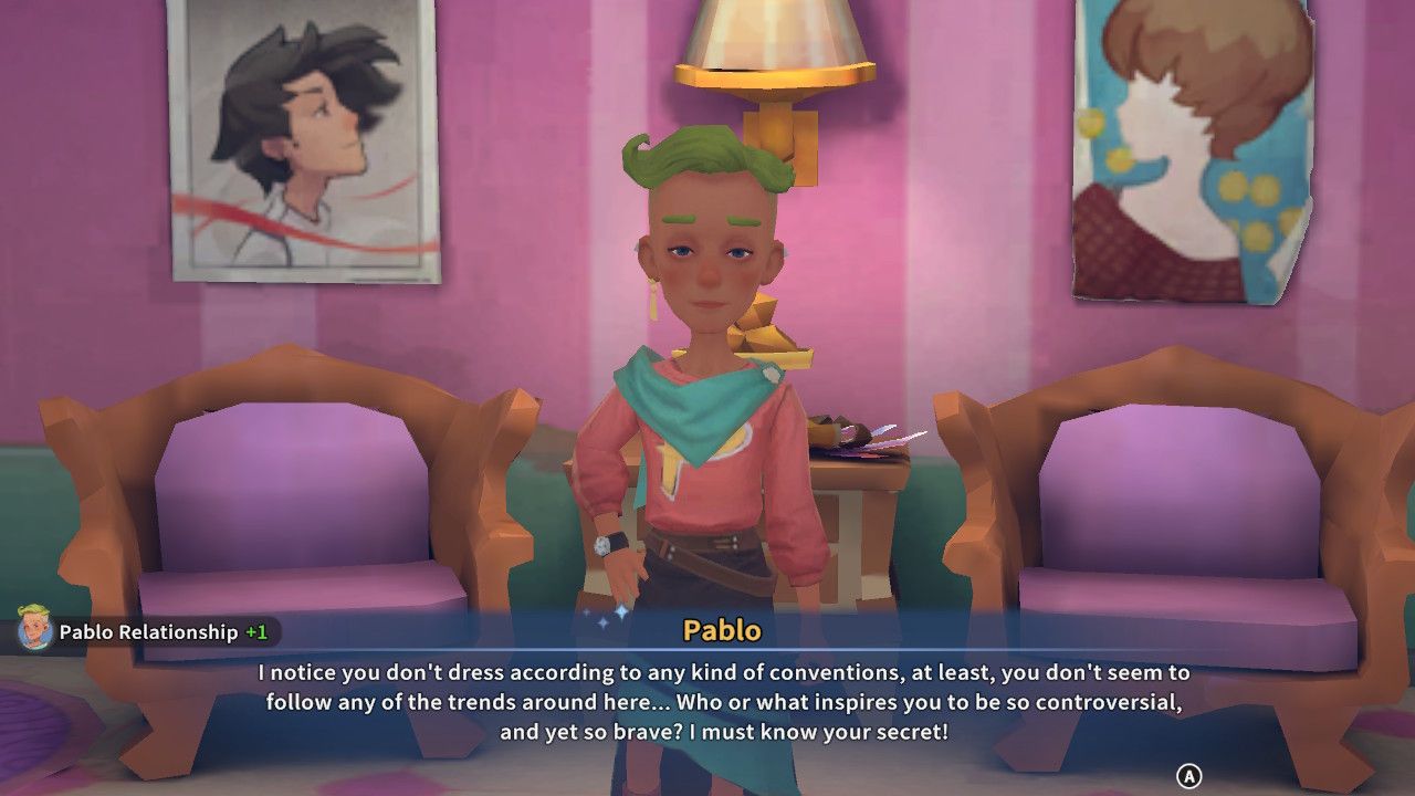 Player character chatting with Pablo about fashion while inside his salon Pablo's Parlor in My Time At Sandrock.
