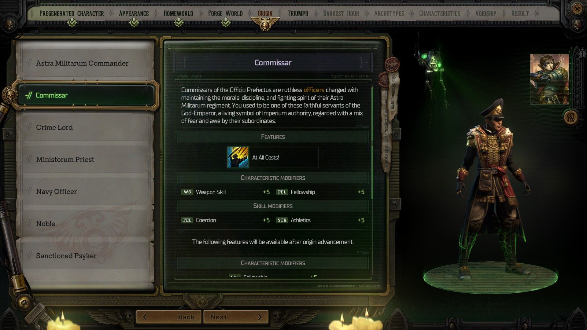 the character creation screen in rogue trader showing the commissar
