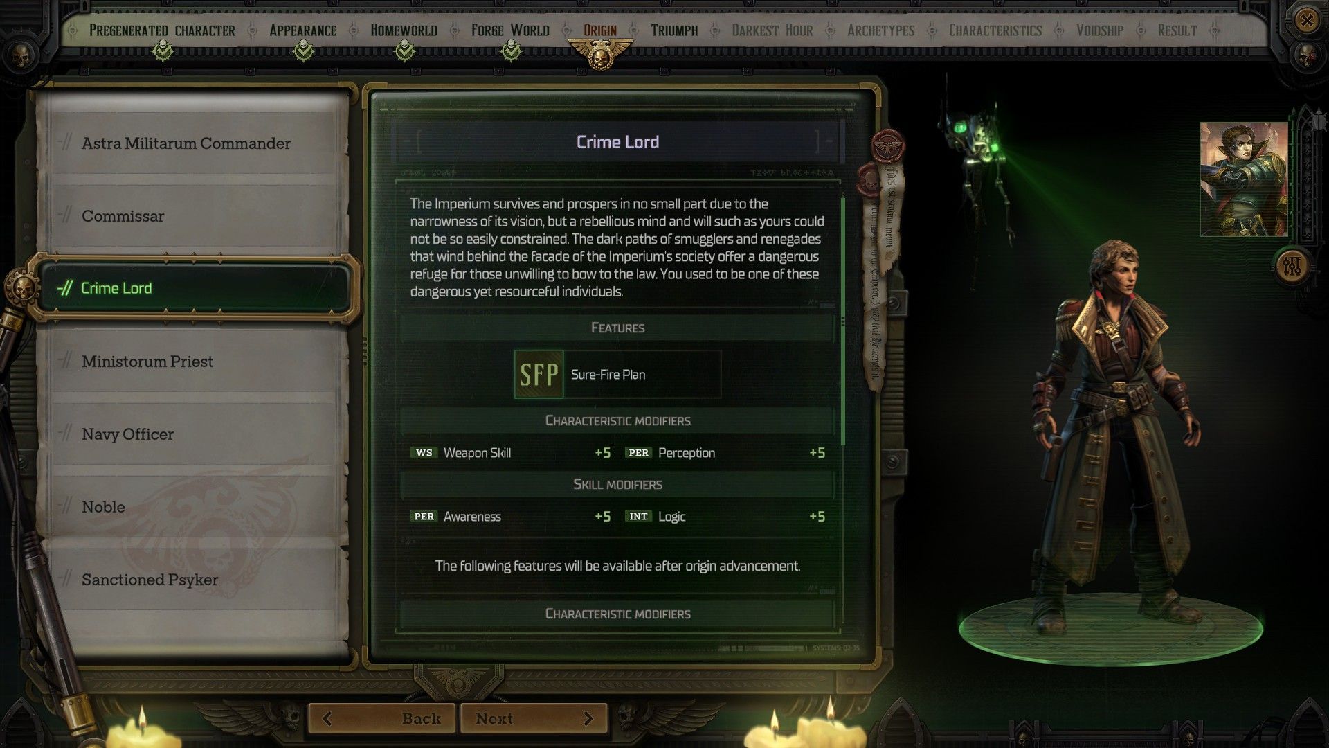 the character creation screen in rogue trader featuring the crime lord