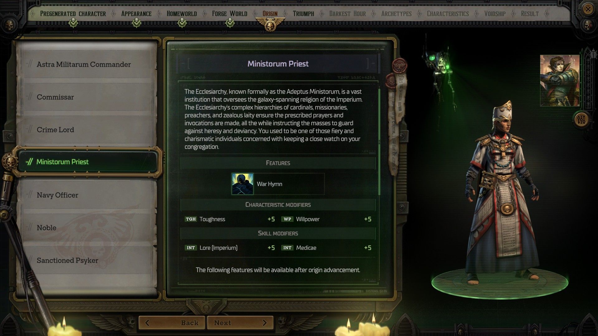 the character creation screen in rogue trader featuring the ministorum priest