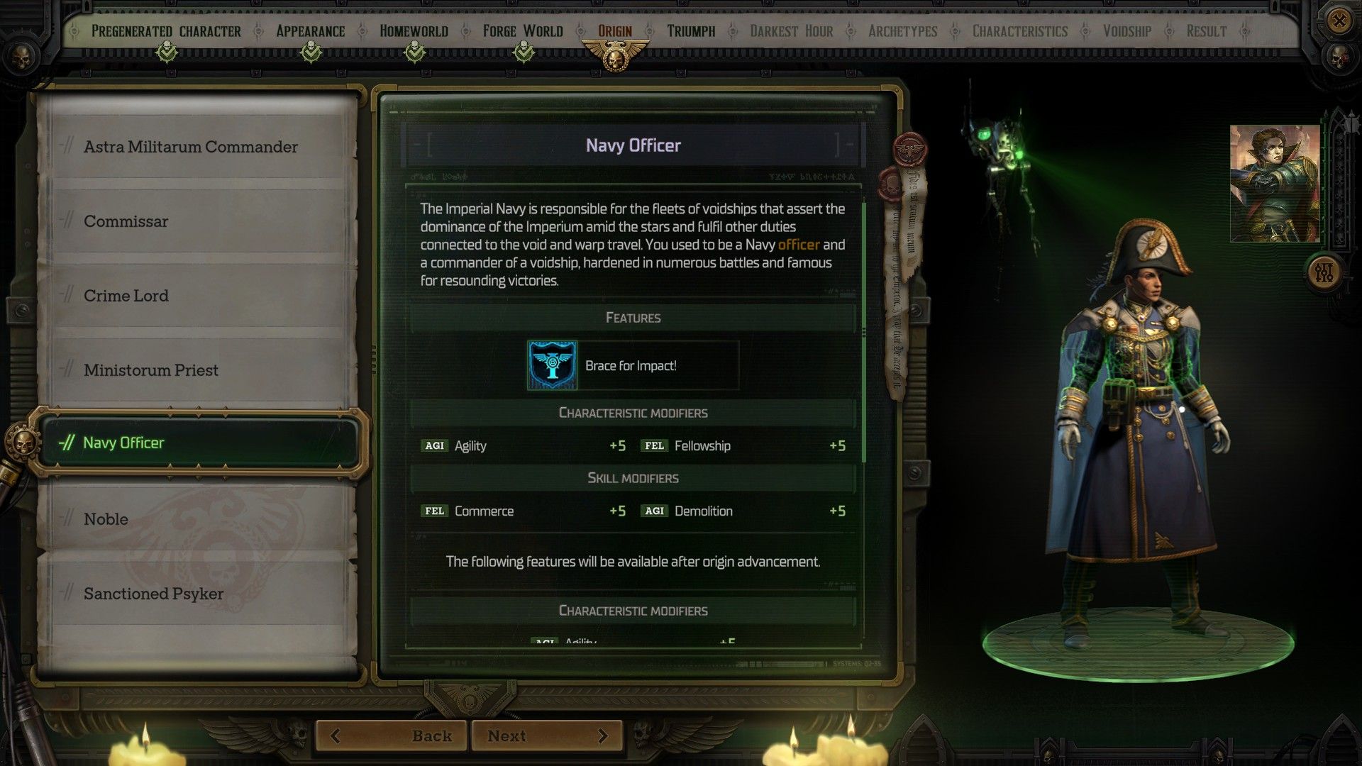 the character creation screen in rogue trader featuring the navy officer