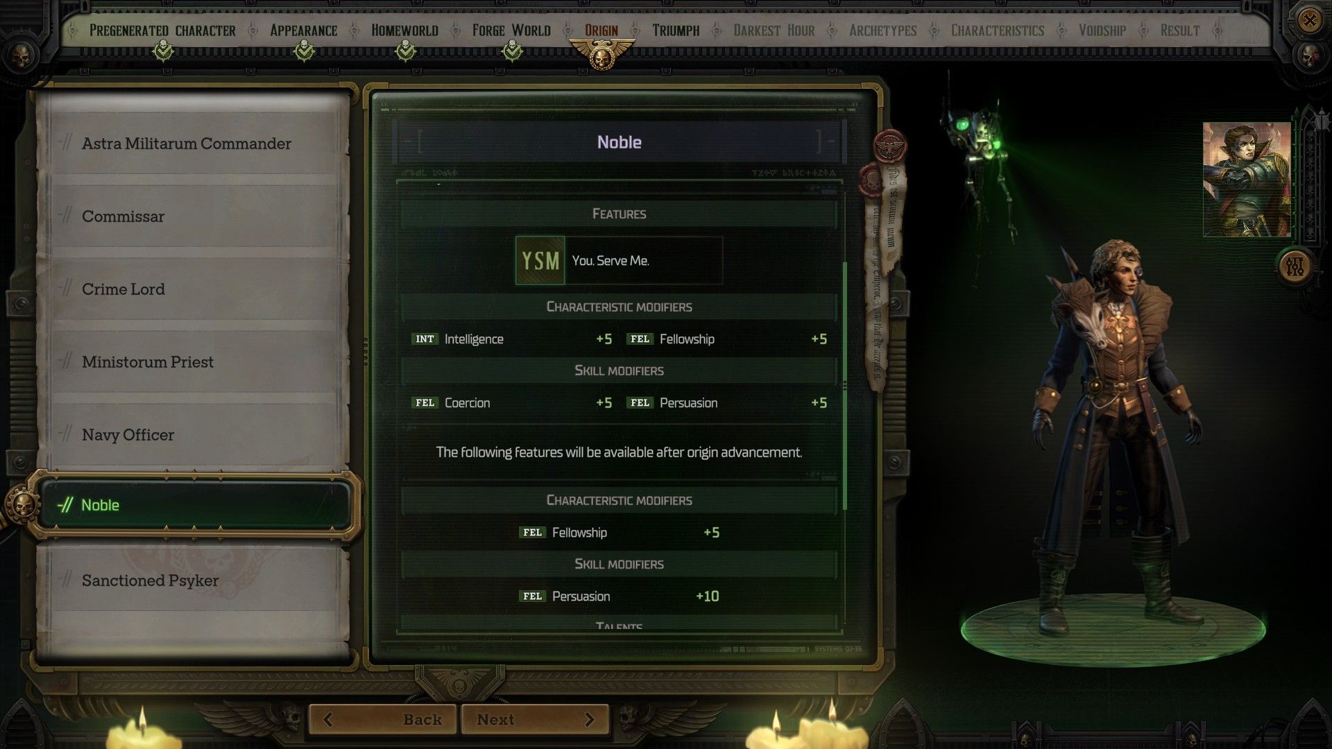the character creation screen in rogue trader, featuring the noble