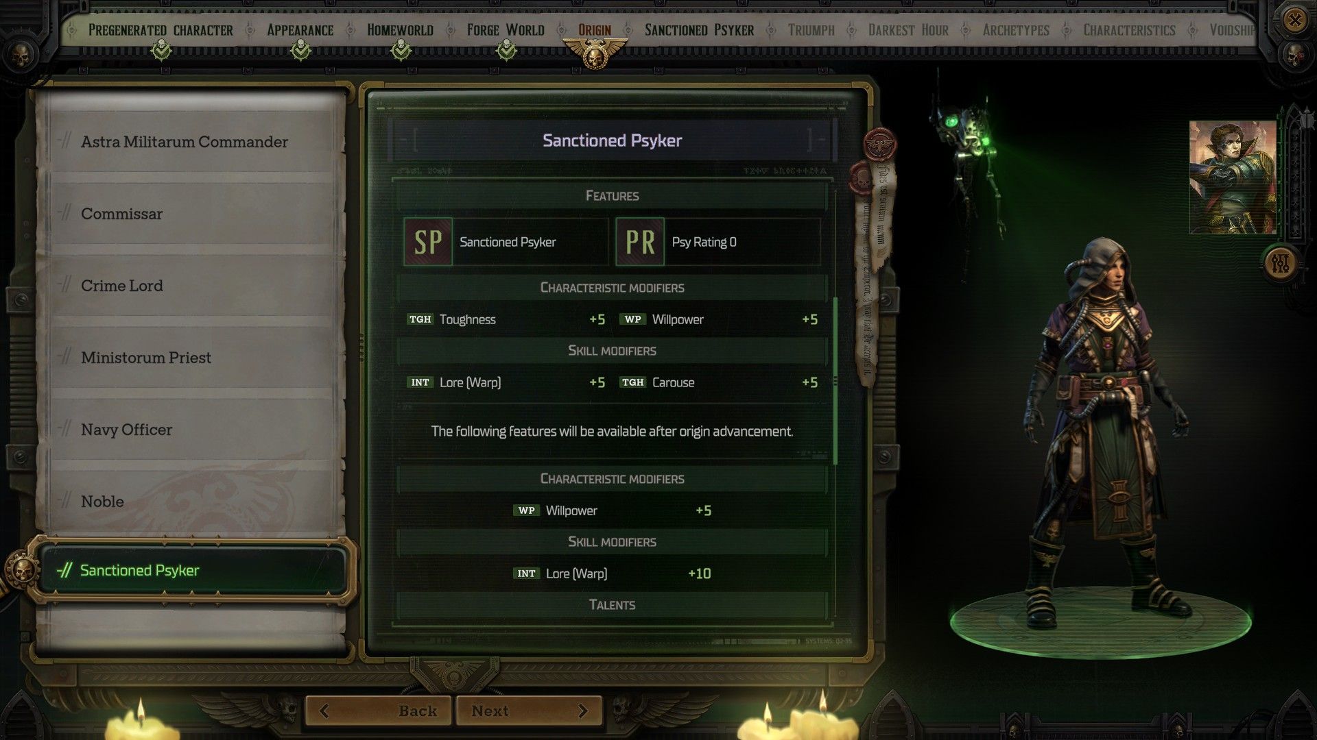 the character creation screen in rogue trader, featuring the sanctioned psyker