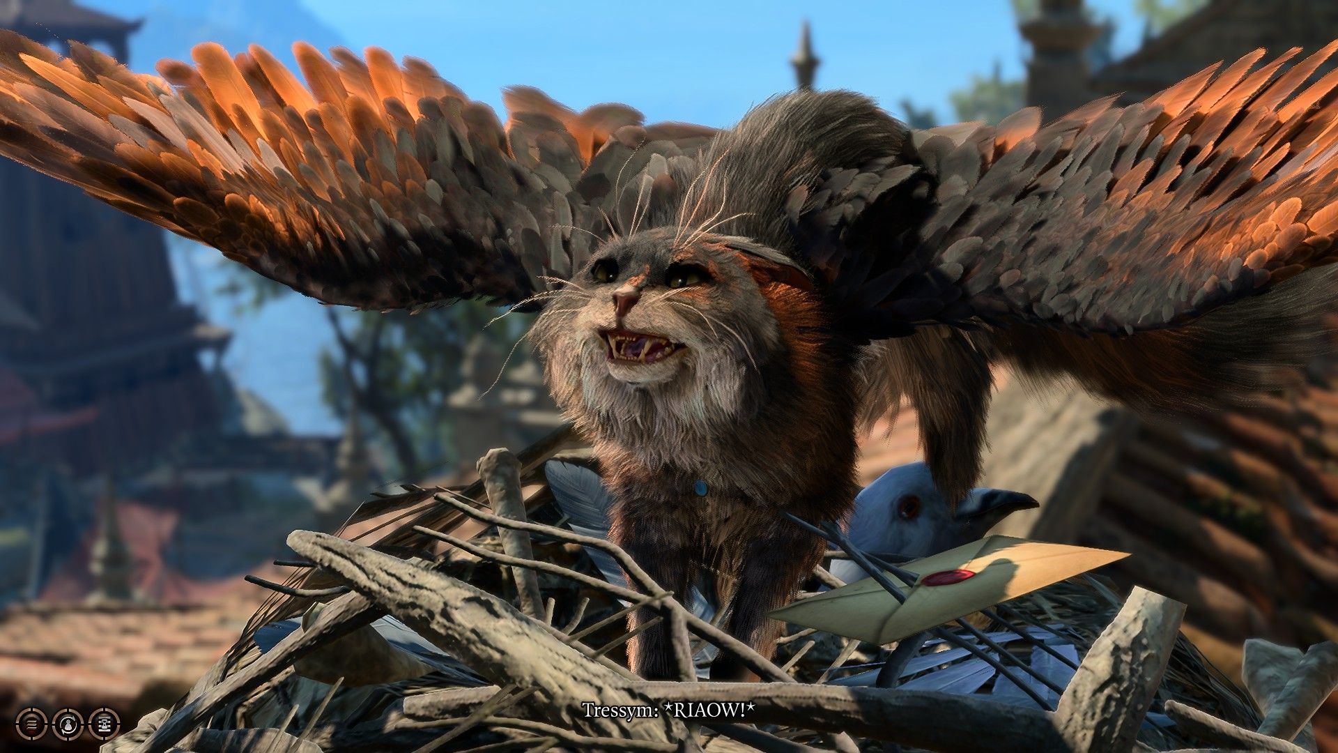 Baldur's Gate 3 Tara the Tressym growling with wings flared on a nest