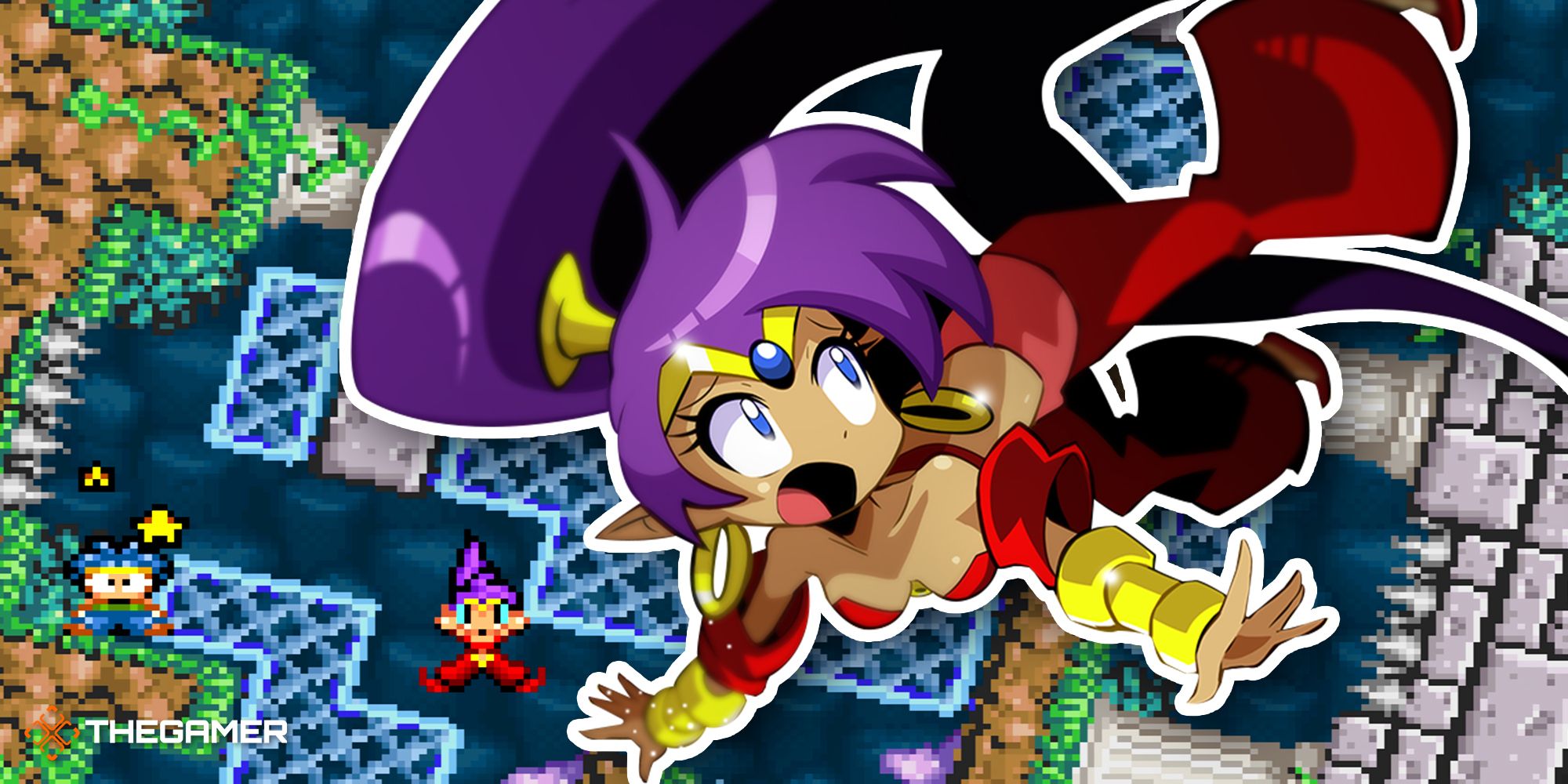 An HD handdrawn version of Shantae falling through the air with pixel art gameplay from Shantae Advance: Risky Revolutiion in the background.