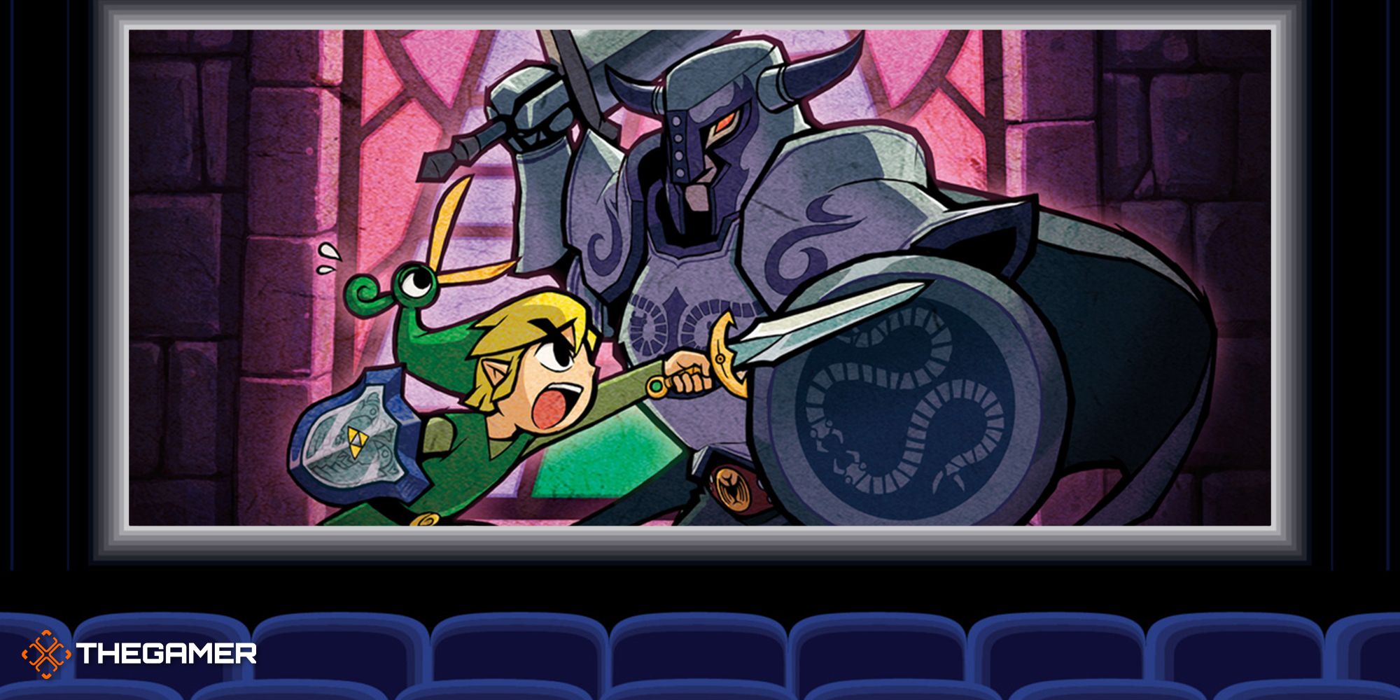 Link fighting a Dark Nut armored soldier in art from The Legend of Zelda: The Minish Cap, playing on a movie screen in front of rows of chairs.