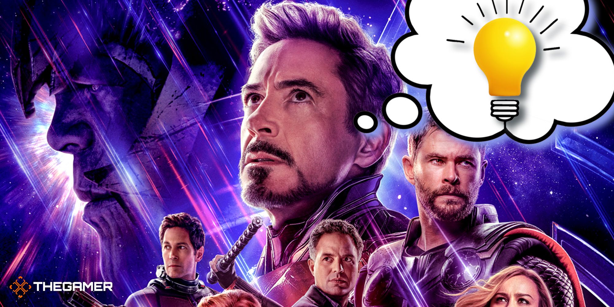 Robert Downey Jr. as Iron Man with a light bulb thought bubble on the Avengers: Endgame poster.