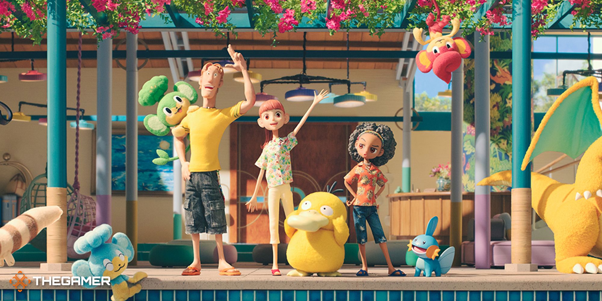 Human characters from Pokemon Concierge wave at the camera poolside while Pokemon play nerby