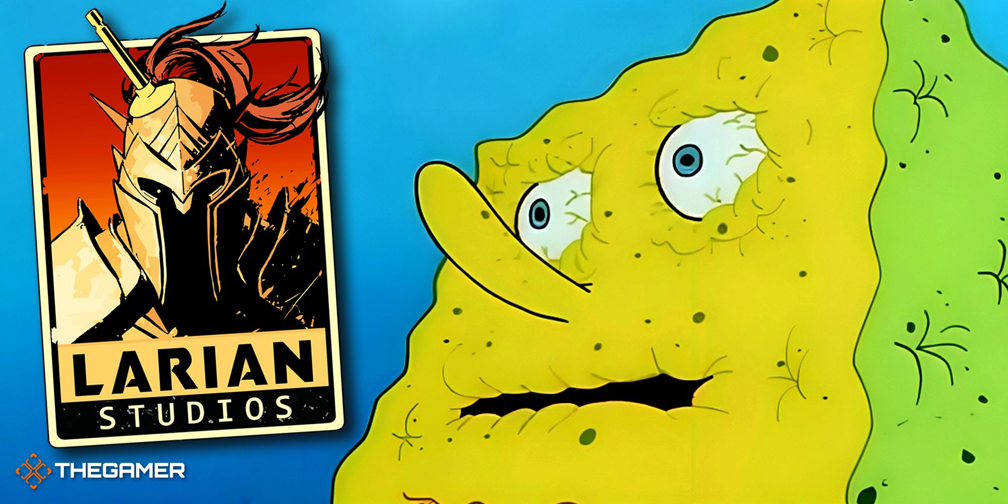 Split image with the Larian logo on the left and dehydrated Spongebob Squarepants on the right.