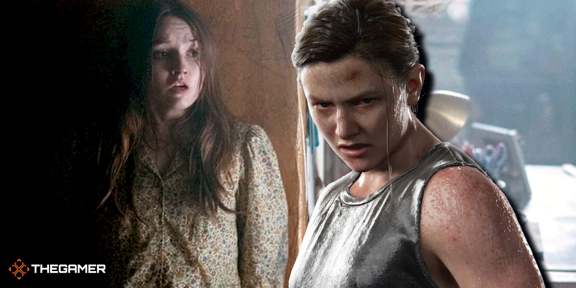 Split image with Kaitlyn Dever in No One Will Save You on the left, with Abby from The Last of Us Part 2 on the right