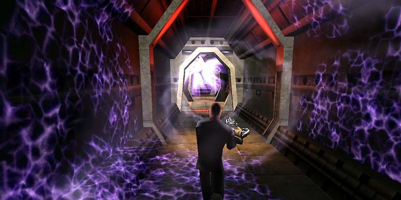 Player Character Walking Down Purple Lit Hallway