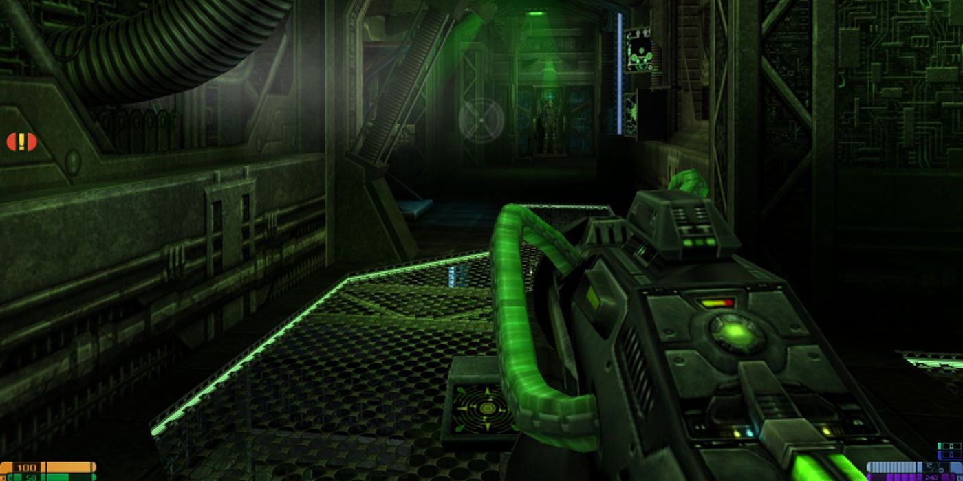 Player Character Trekking Down Borg Ship Green Hallway