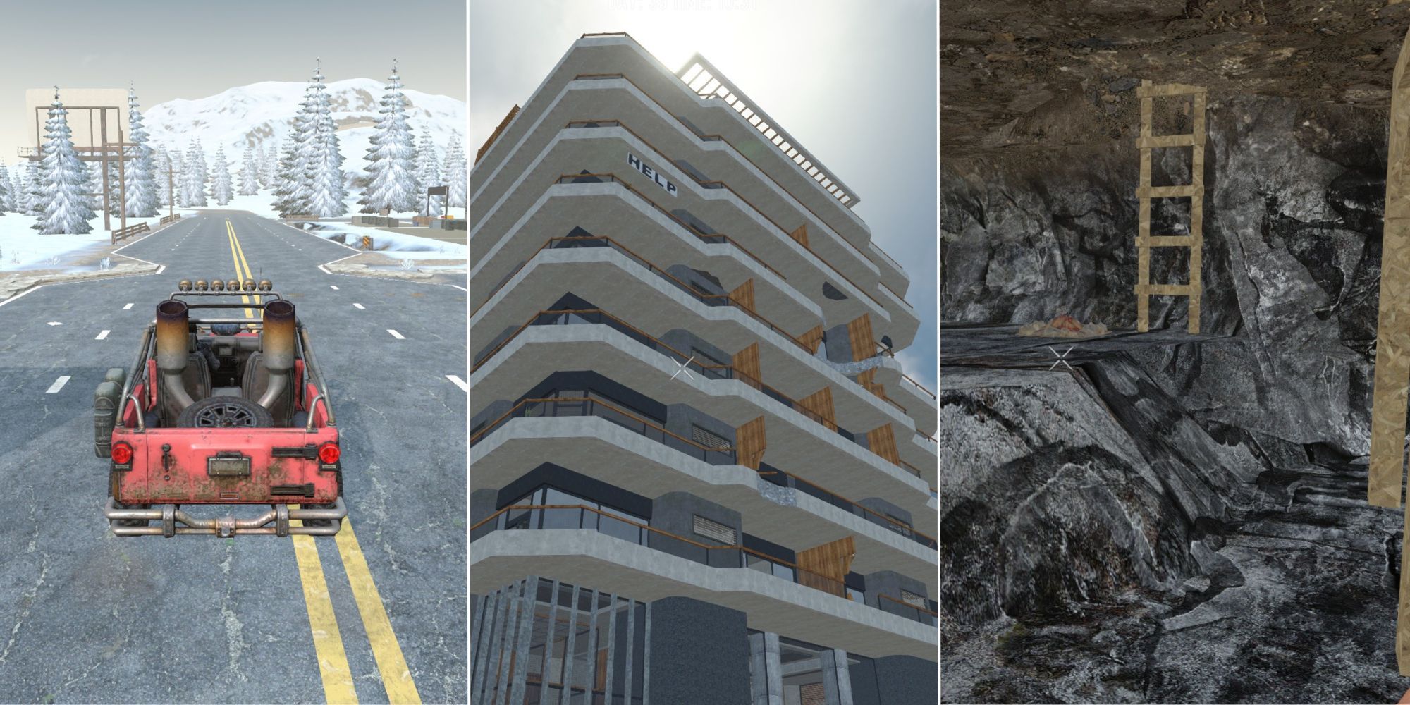 7 Days To Die split image of a playing driving a car, a tall building, and an underground space