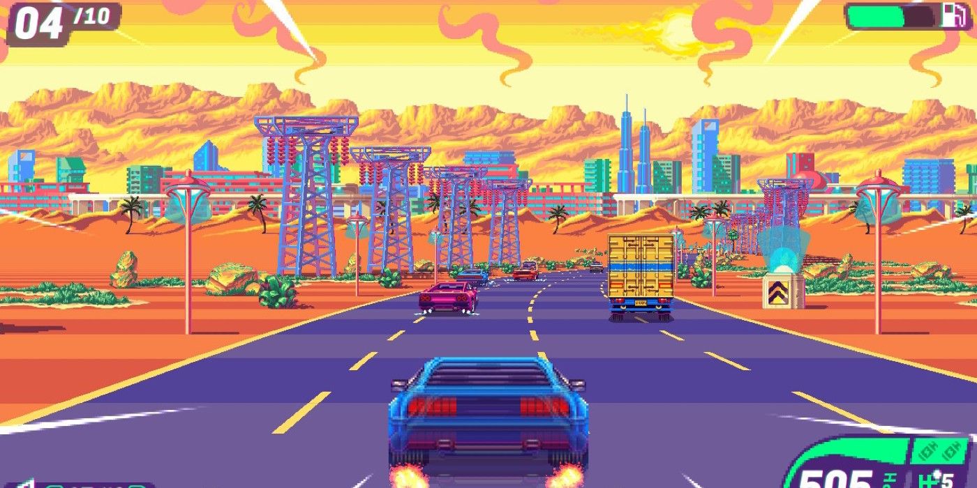 80s Overdrive retro racer driving forward in industrial city during sunset