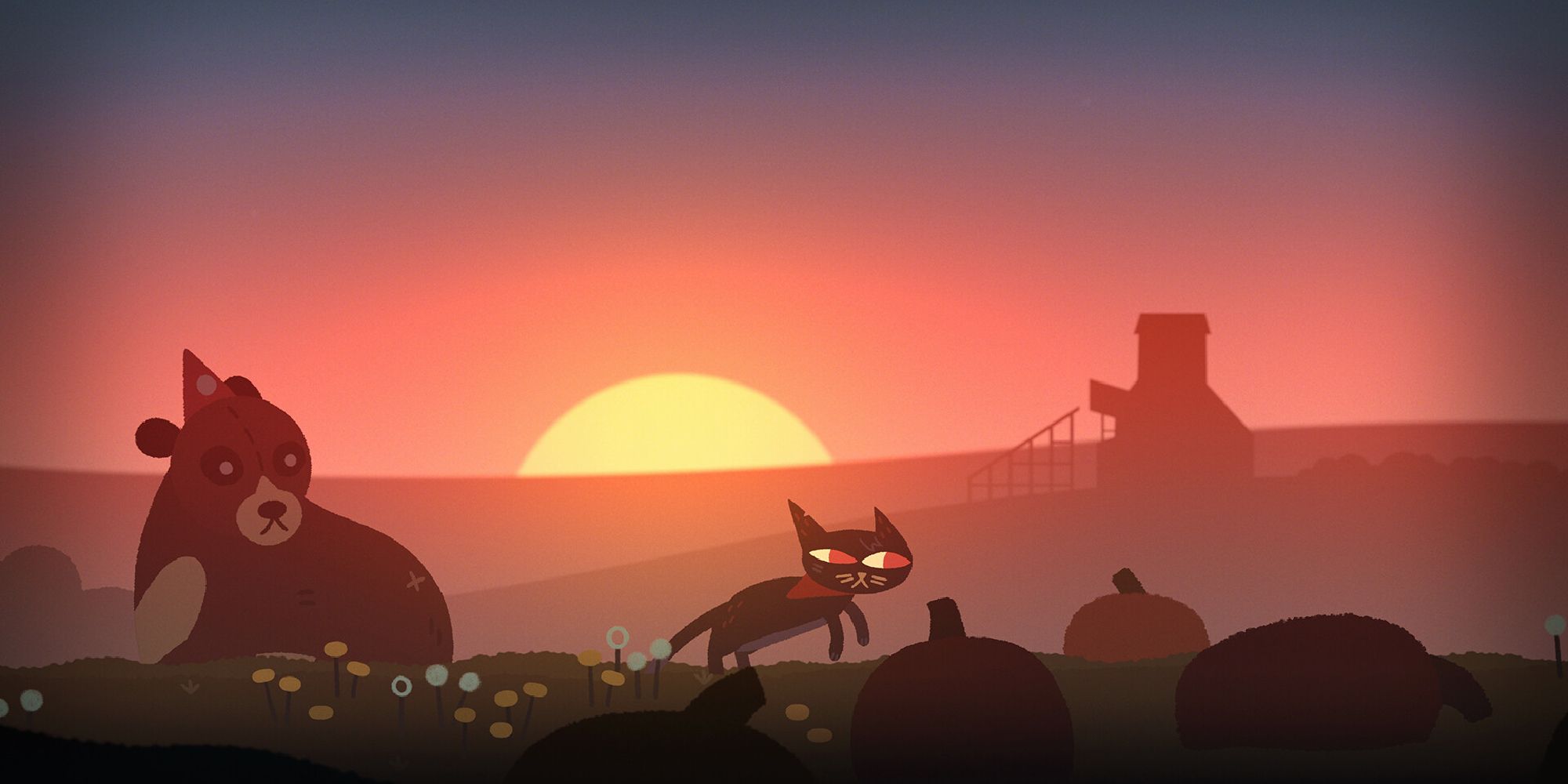 A cartoon cat and bear in a field of pumpkins hanging out while the sun goes down in Revenant Hill