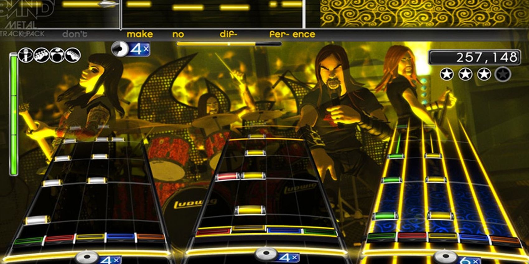 A promo screenshot of a three-way gameplay match in Rock Band 2