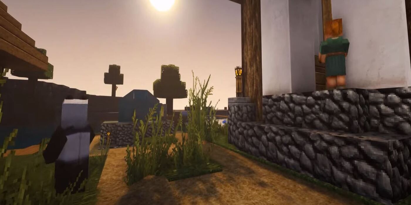A scene of a house and a well in Misa's realistic texture pack in Minecraft