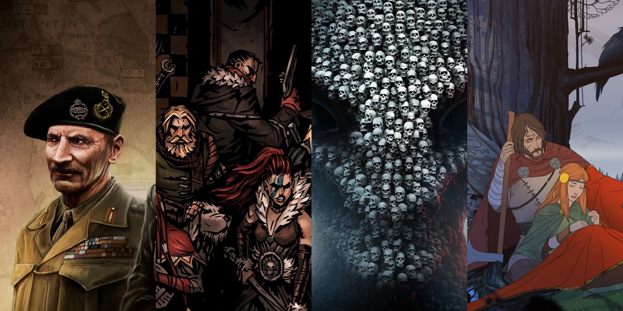 A Split Image Depicting Scenes From Hearts Of Iron 4, Darkest Dungeon, XCOM 2, And The Banner Saga