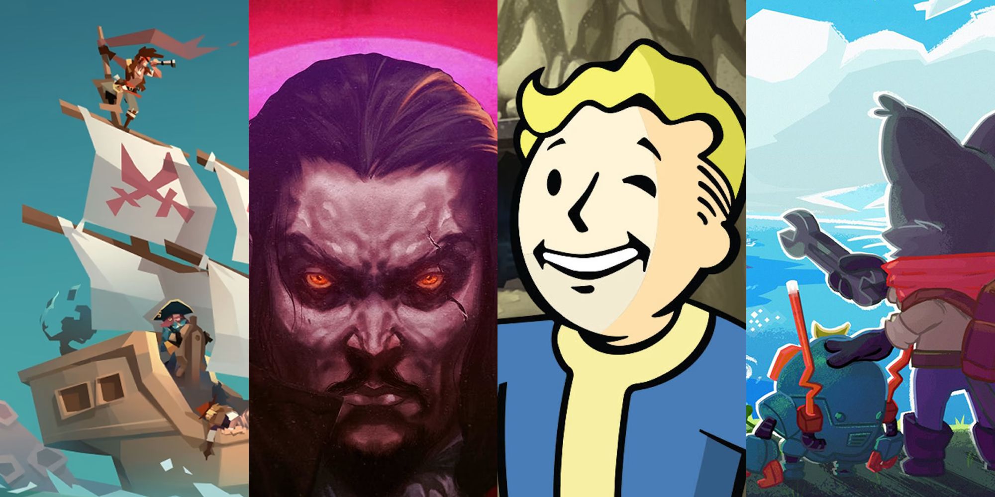 A Split Image Depicting Scenes From Pirate Outlaws, Vampire Survivors, Fallout Shelter, And Botworld Adventure-1