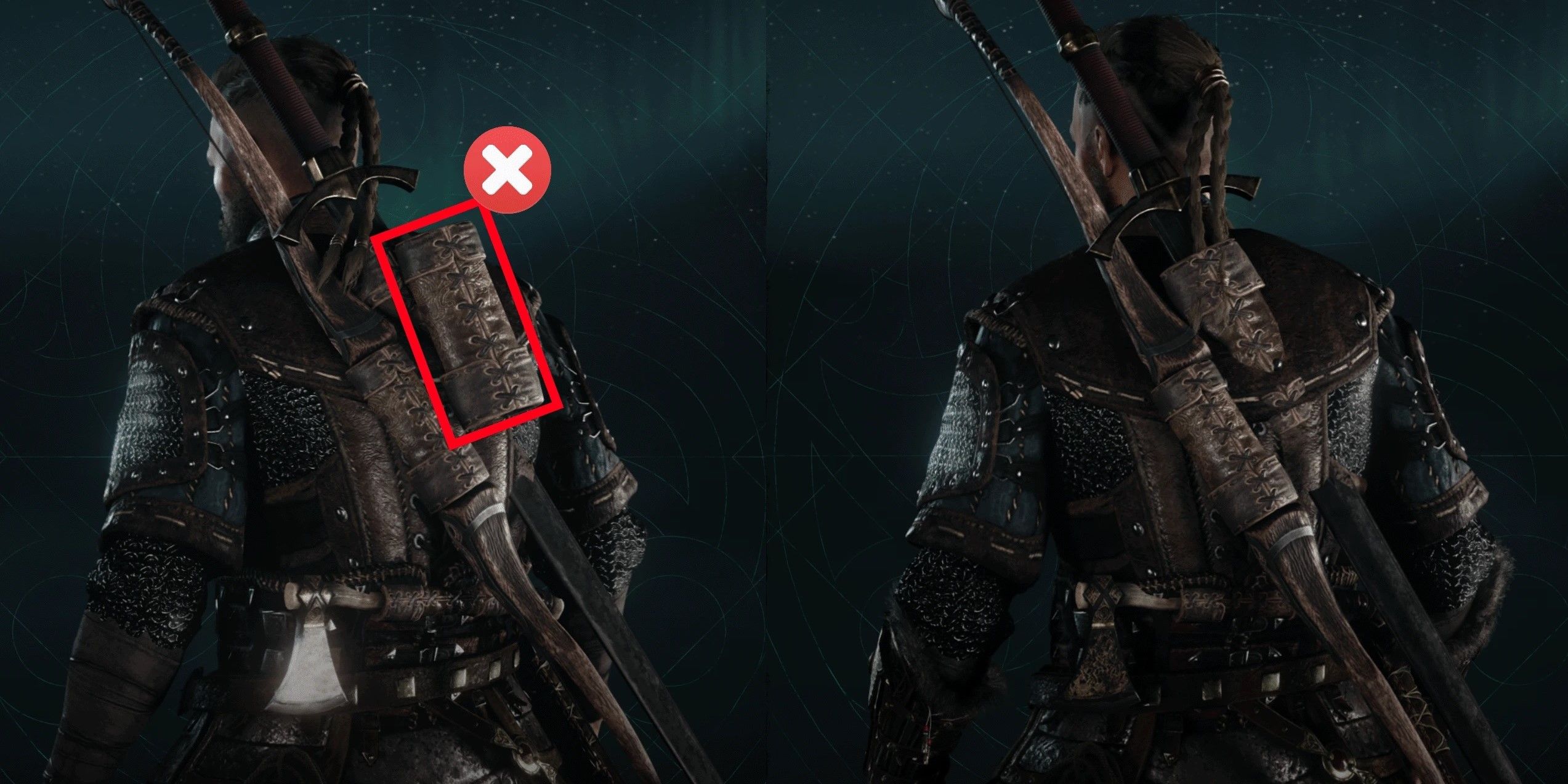 Ein geteiltes Bild der Scheide auf Eivors Rücken vor und nach der Verwendung des Hide this-Mods in Assassin's Creed Vallhalla