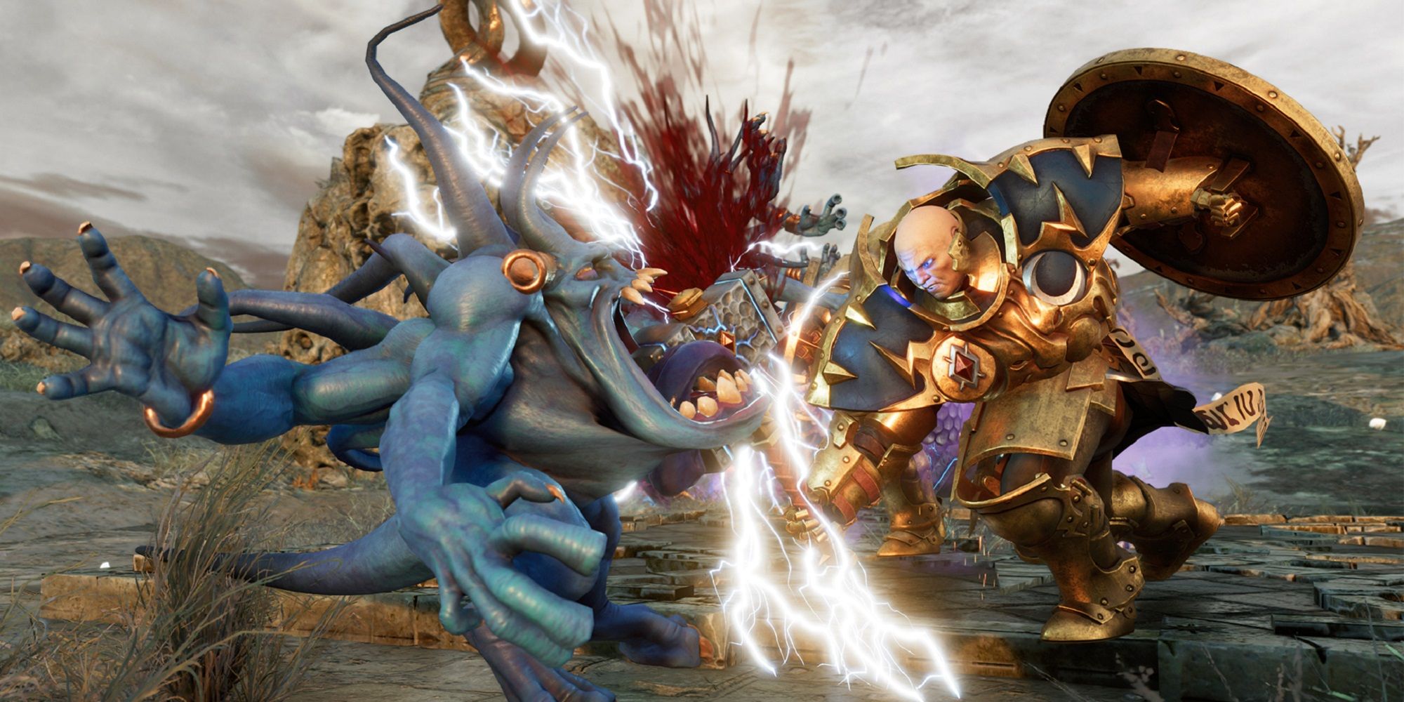 a stormcast slices a blue horror with an electric sword in warhammer age of sigmar realms of ruin