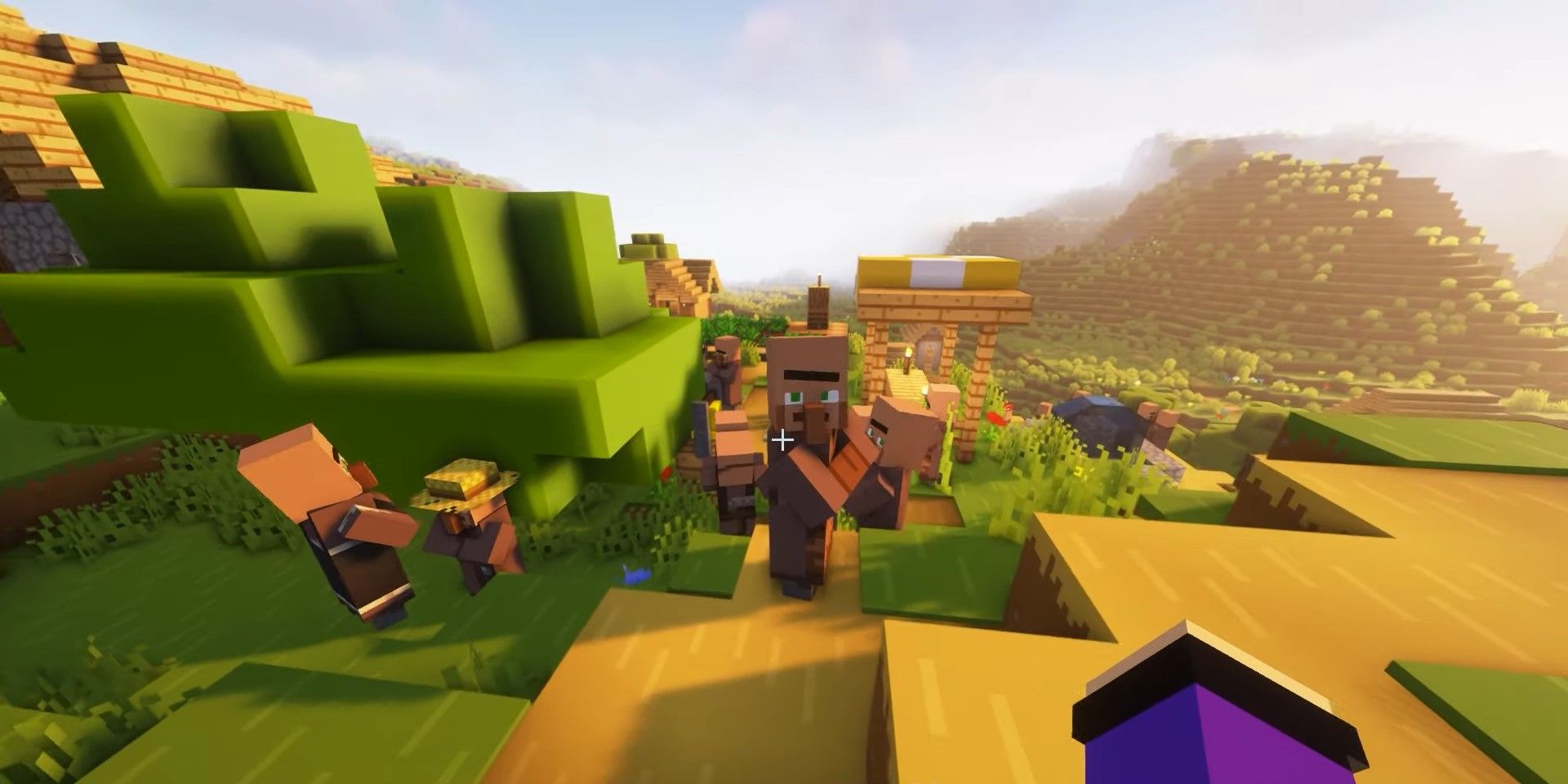 A village and some villagers with Fresh Animation texture pack in Minecraft
