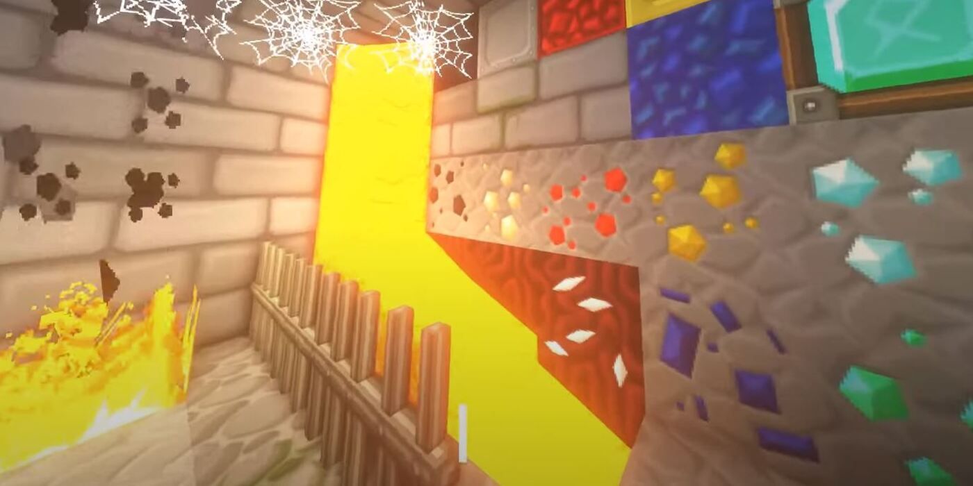 A wall of ores and lava in Sphax texture pack in Minecraft
