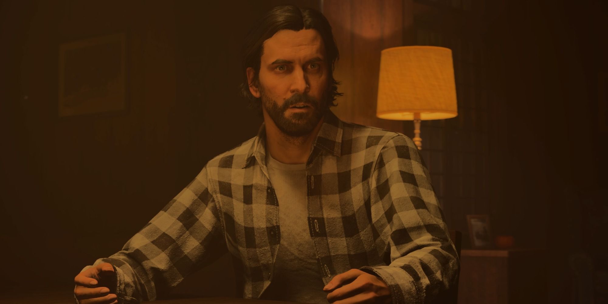 Alan Wake 2 alan sitting at a table talking