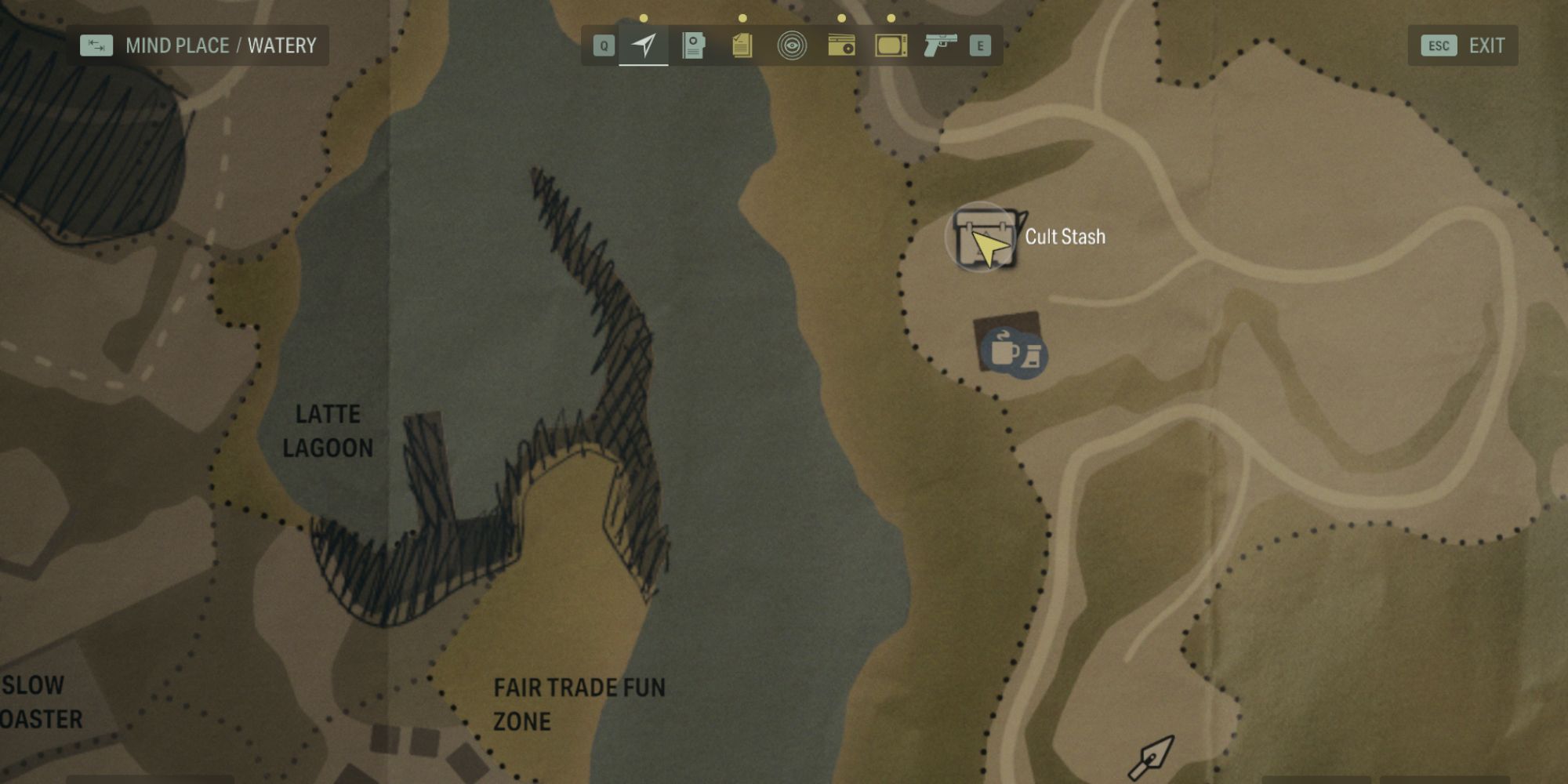 the map of Watery in Alan Wake 2, centered on the Break Room at the hunting lodge in the woods