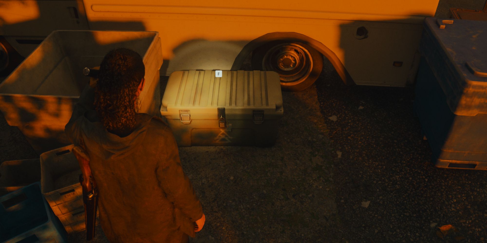 Saga Anderson finds a Cult Stash near a van in Bright Falls in Alan Wake 2