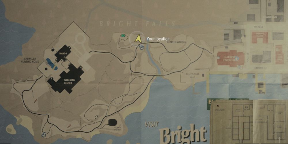 the map of Brigth Falls in Alan Wake 2, centered on the nursery rhyme puzzle at the north end of Bunker Woods