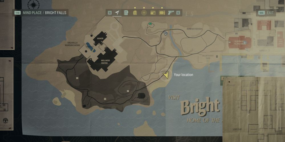 the map of bright falls in alan wake 2, centered on the southern nursery rhyme in Bunker Woods