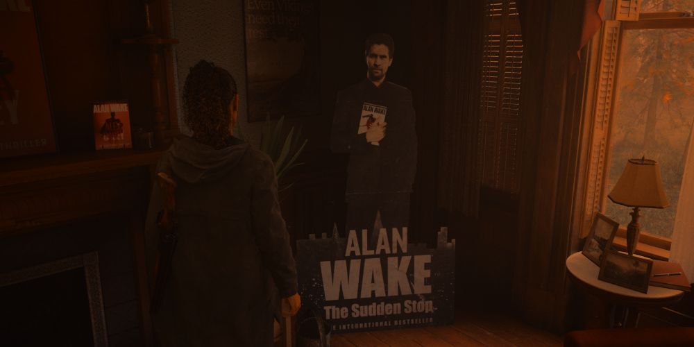 Saga Anderson finds a cardboard cutout of a much younger Alan promoting his book The Sudden Stop in Alan Wake 2