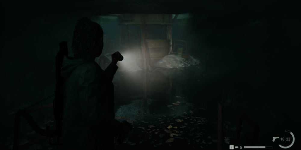 Saga Anderson explores a flooded bunker in the Overlap in Alan Wake 2
