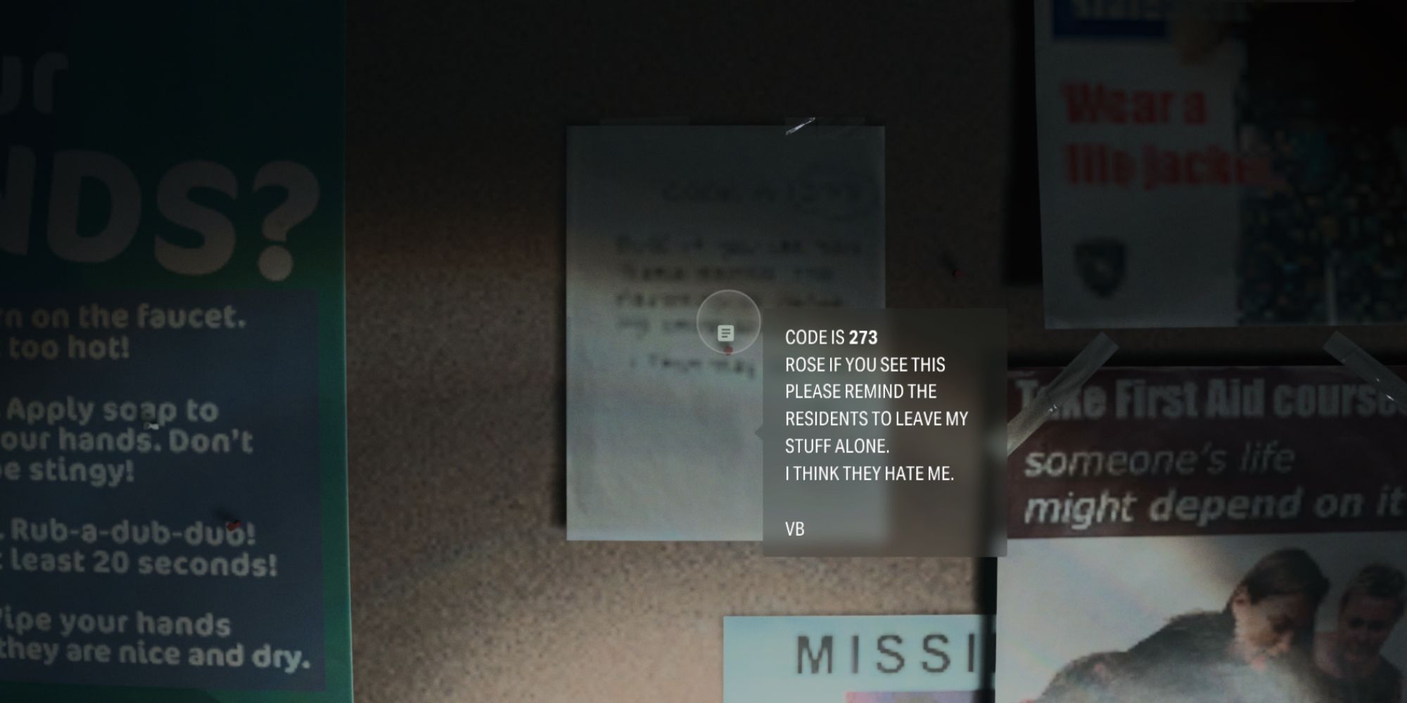 a note on the bulletin board in the laundry room of Valhalla Nursing Home, reminding Rose that the combination for a lock is 273 in Alan Wake 2