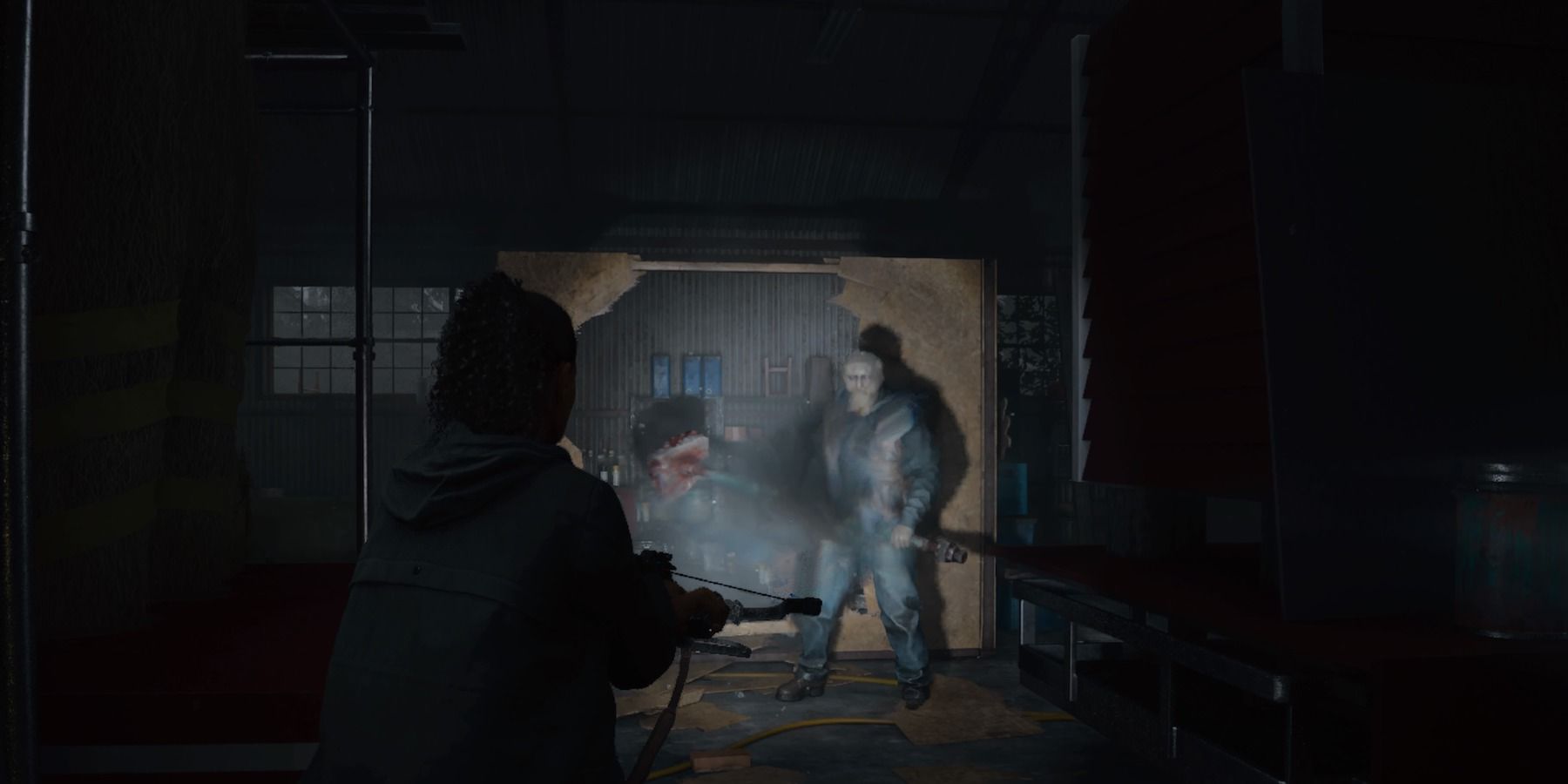 Alan Wake 2 Large Captured walking through a wooden wall with a large shovel in his hand.