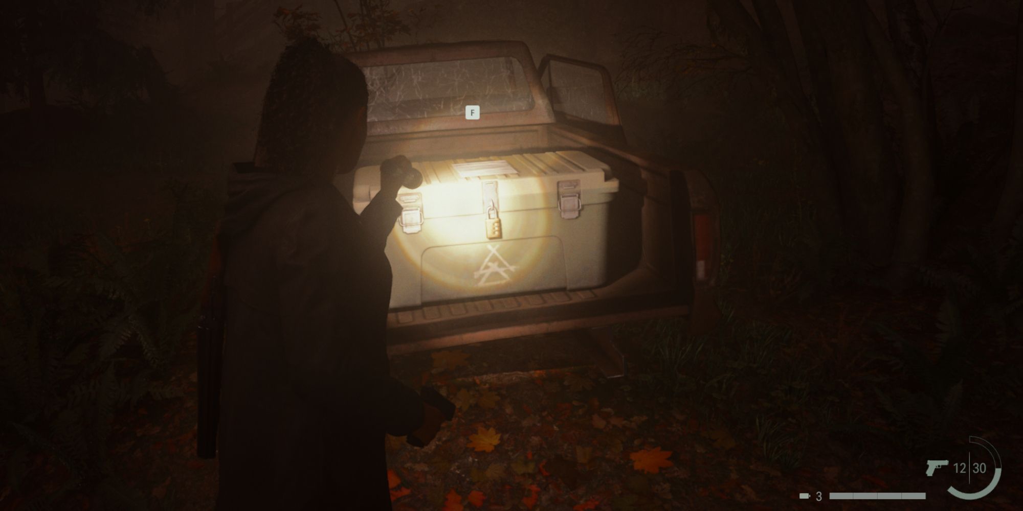 Saga Anderson finds a Cult Stash in the bed of an abandoned pickup truck in Bunker Woods in Alan Wake 2