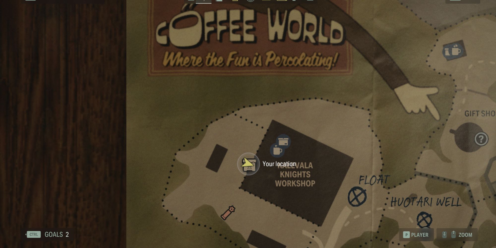 the map of Watery in Alan Wake 2, centered on the location of the Spare Parts cult stash behind the Kalevala Knights motorcycle workshop