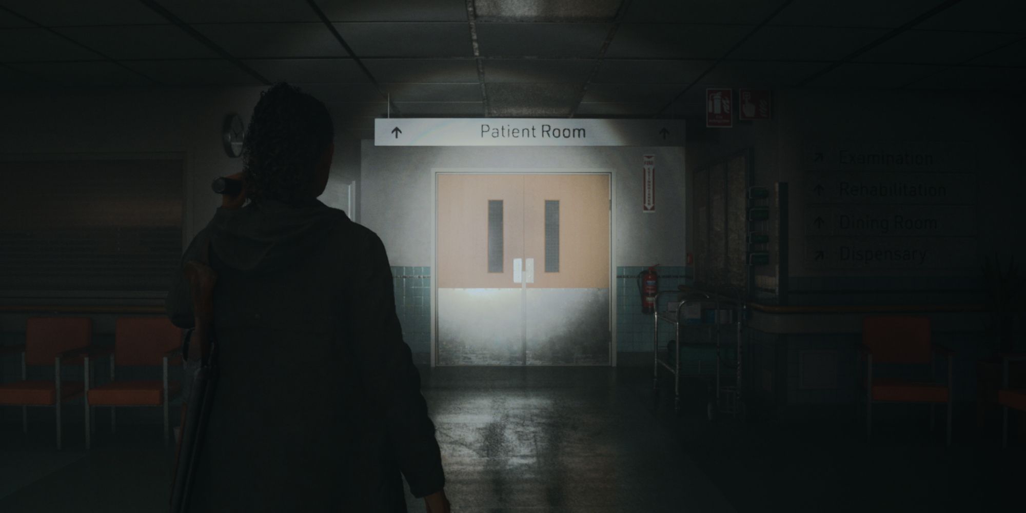 Saga Anderson explores the Valhalla Wellness Center with only her flashlight in Alan Wake 2