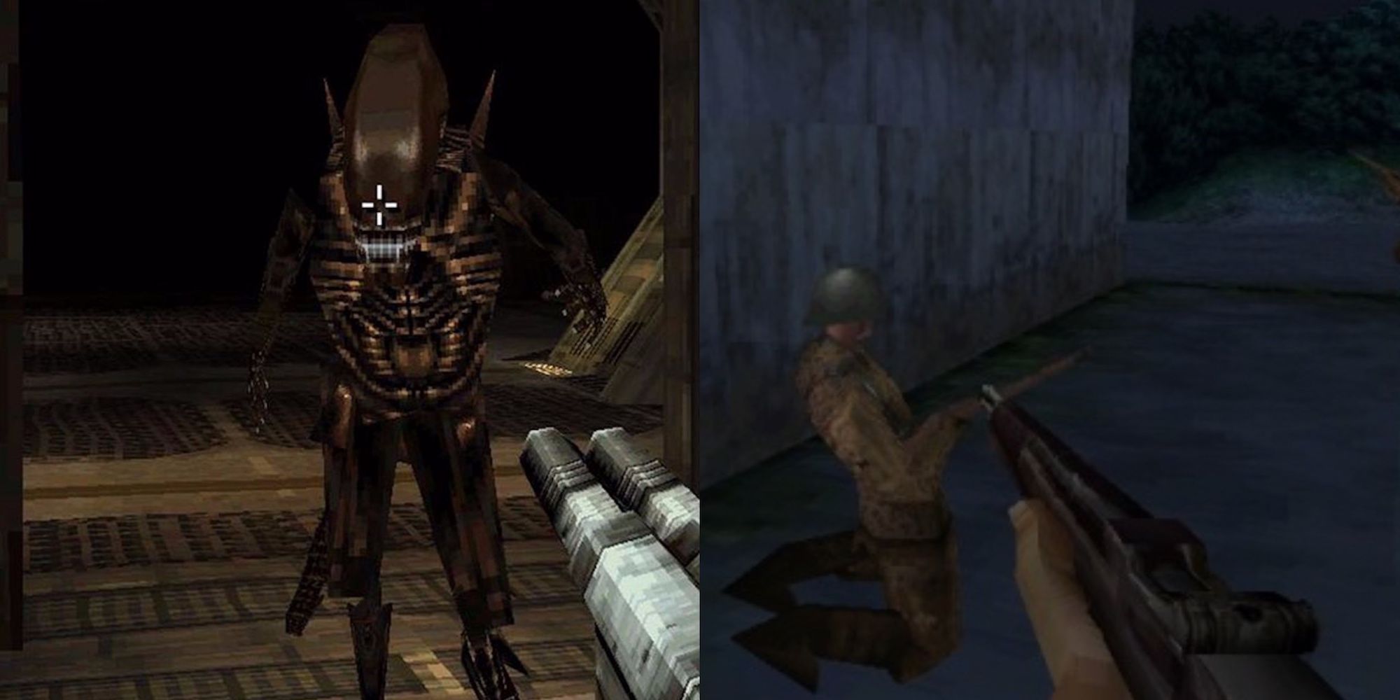 A collage showing a weapon aiming at an alien from Alien and another weapon aiming at a soldier from Medal of Honor.