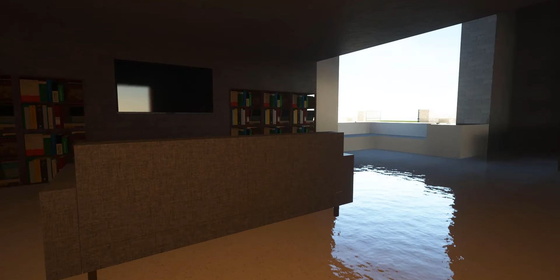 An interior of a building including a sofa, bookshelves and a TV created using ModernArch Texture Pack in Minecraft