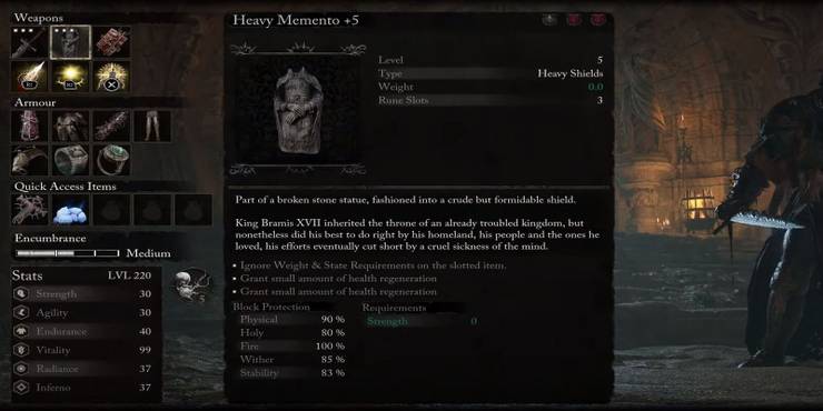 An upgraded Heavy Memento shield in Lords of the Fallen