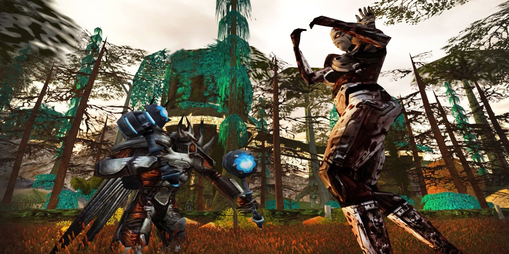 Anarchy Online featuring two characters fighting in a forest