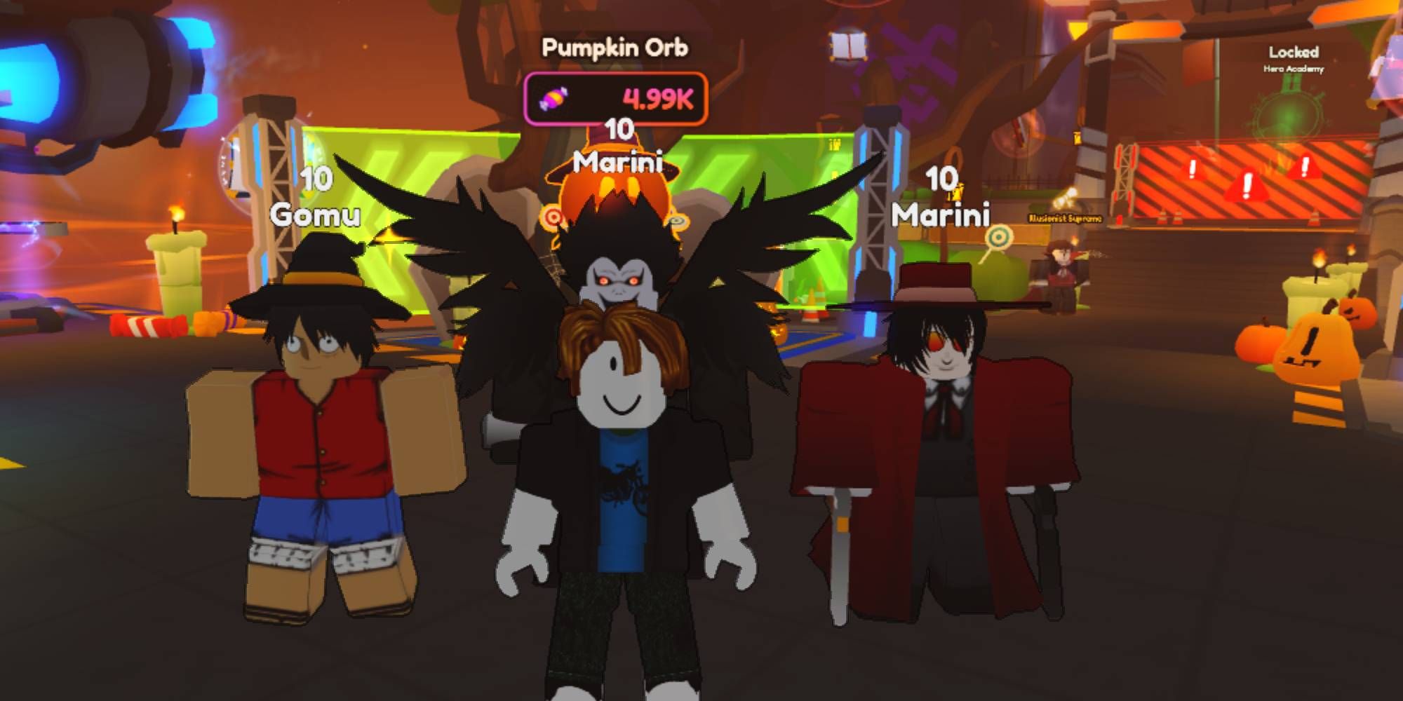 three anime characters behind a player in Anime Champions Custom on Roblox